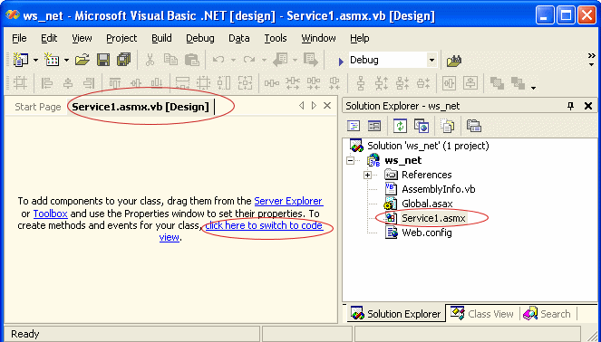 Окно VS.NET 2003 для создания Web Service - нам надо выбрать режим внесения кода.